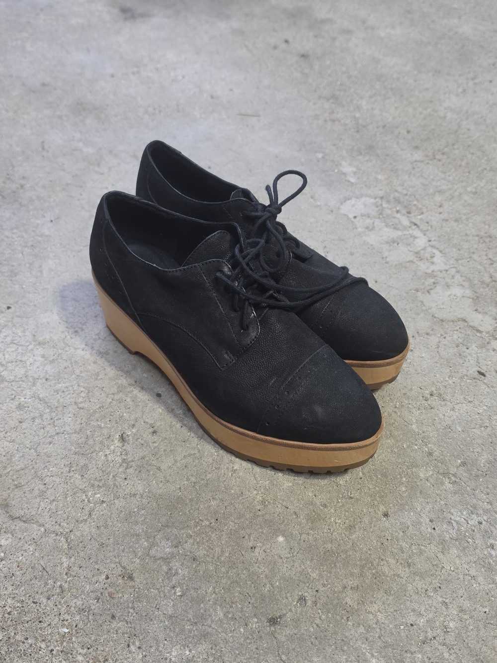 Eileen Fisher "Eddy" Platform Oxfords Black Suede Platform Derby with Tan Sole